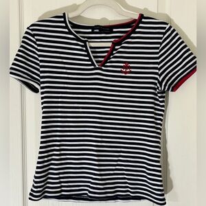 Tommy Hilfiger Women’s Striped Nautical Anchor Tee Size S Navy White Red Trim